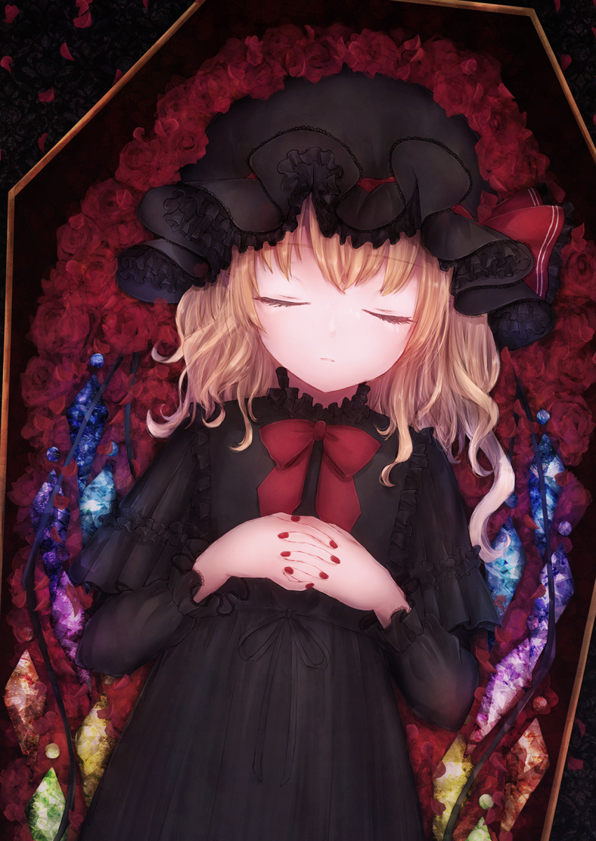 1girl alternate_costume bebitera black_dress bow bowtie closed_eyes coffin crystal dress expressionless flandre_scarlet flat_chest flower gothic_lolita hat highres in_container lolita_fashion lying medium_hair mob_cap nail_polish on_back own_hands_clasped own_hands_together petals red_bow red_bowtie red_flower red_nails red_rose rose solo touhou upper_body vampire wings