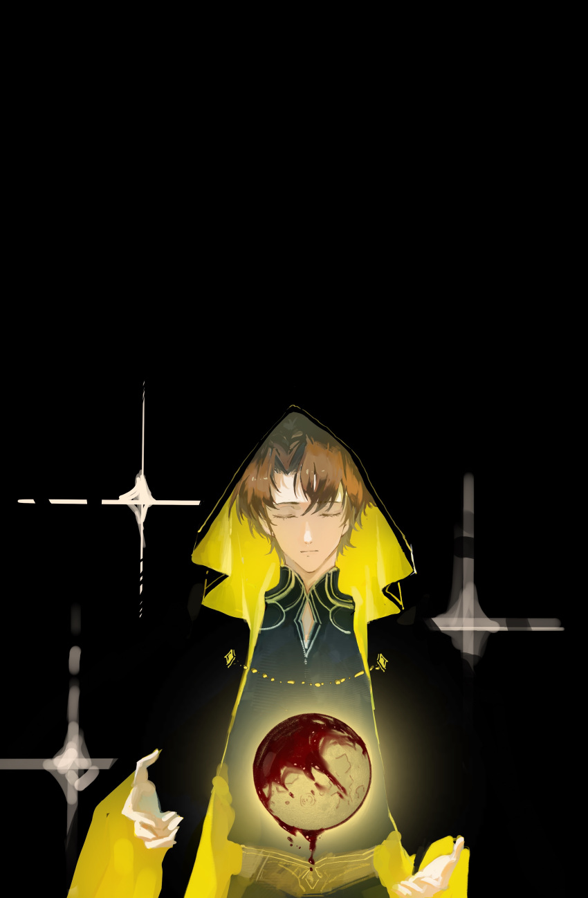 absurdres arms_up black_background black_cloak black_hair black_robe blood chinese_commentary cloak closed_eyes closed_mouth commentary_request dark highres hood hooded_cloak klein_moretti lord_of_the_mysteries robe shaded_face simple_background star_(symbol) yangliu27653