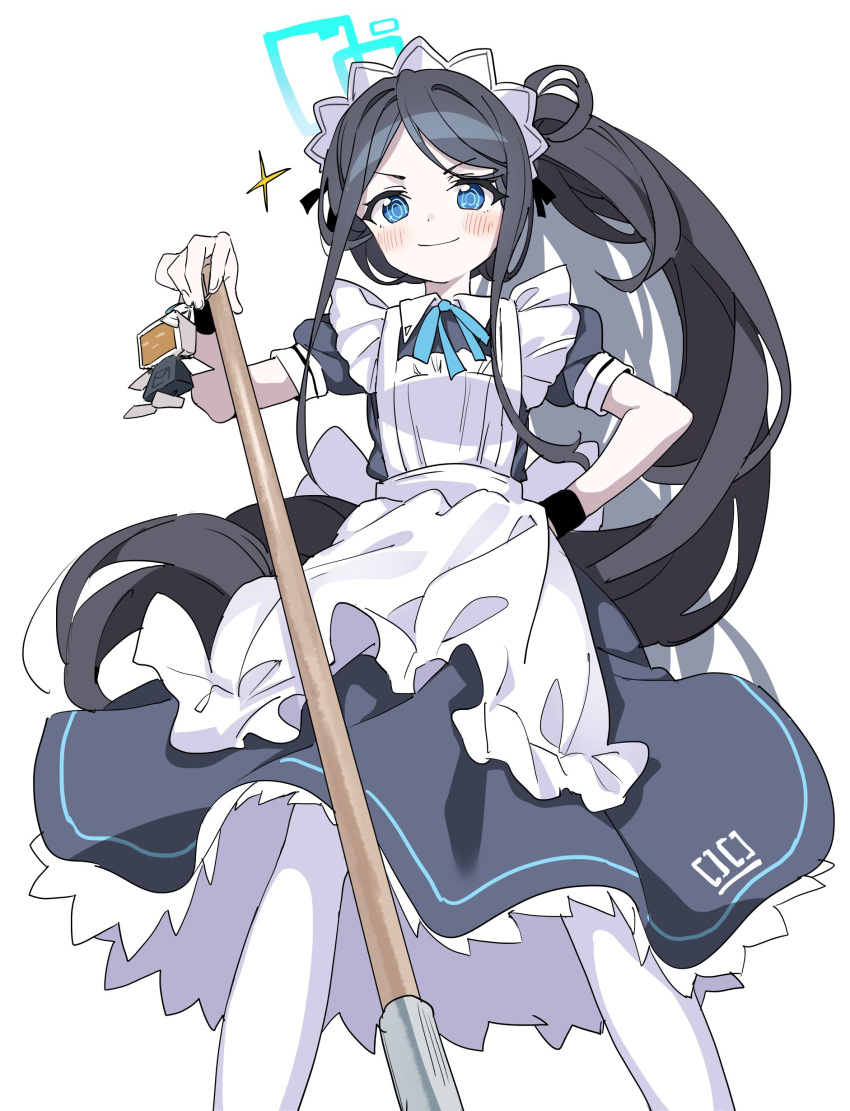 1girl absurdres apron aris_(blue_archive) aris_(maid)_(blue_archive) black_dress black_hair blue_archive blue_eyes blue_halo blush closed_mouth dress feet_out_of_frame from_below hand_on_own_hip highres maid maid_apron maid_headdress manarou mop official_alternate_costume puffy_short_sleeves puffy_sleeves short_sleeves side_ponytail sidelocks simple_background smile solo swept_bangs thigh-highs white_apron white_background white_thighhighs