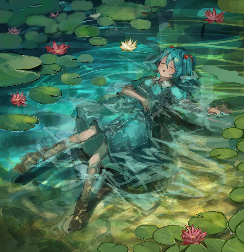 1girl absurdres ankle_boots blue_hair blue_shirt blue_skirt blush boots brown_footwear closed_eyes collared_shirt flower hair_between_eyes hair_bobbles hair_ornament henginnnnnn highres kawashiro_nitori lily_pad lying lying_on_water open_mouth pink_flower shirt short_hair short_sleeves skirt solo touhou two_side_up water yellow_flower