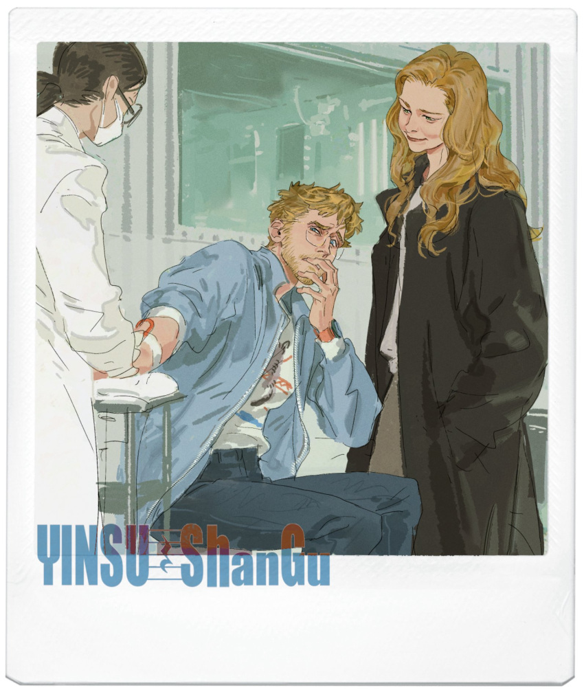 1boy 3girls black_coat black_hair blonde_hair blue_jacket blue_pants chinese_commentary coat commentary_request eva_stratt glasses hands_in_pockets highres imminent_injection indoors jacket mature_female mature_male multiple_girls pants polaroid_photo project_hail_mary ryland_grace scared shirt white_coat white_shirt yoku_(liuyc)