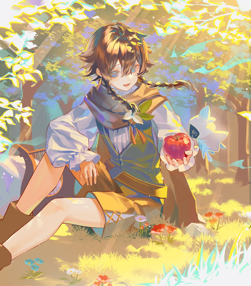 1boy absurdres androgynous apple barbatos_(genshin_impact) bishounen blue_eyes boots braid brown_cape brown_hair brown_shorts cape commentary_request day elemental_(creature) feet_out_of_frame flower food fruit genshin_impact grass grey_vest hair_between_eyes highres holding holding_food holding_fruit karonaru long_sleeves looking_at_another lyre male_focus nameless_bard_(genshin_impact) nature on_ground outdoors puffy_long_sleeves puffy_sleeves red_apple red_flower shirt short_hair_with_long_locks shorts sitting smile spirit sunlight twin_braids vest white_flower white_shirt