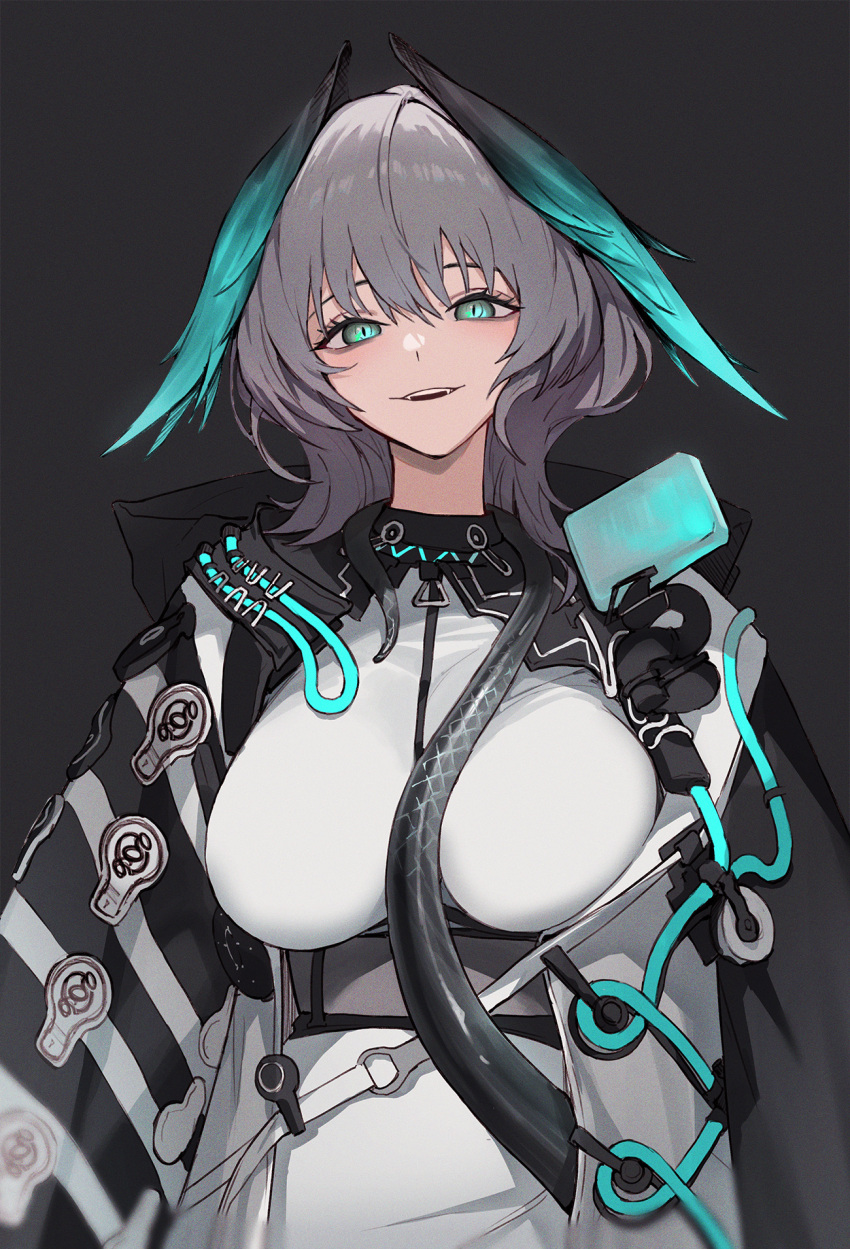 1girl aqua_eyes arknights black_background breasts dress grey_hair head_wings highres ho'olheyak_(arknights) jason_kim large_breasts long_sleeves looking_at_viewer open_clothes revision short_hair simple_background smile solo tail white_dress wings