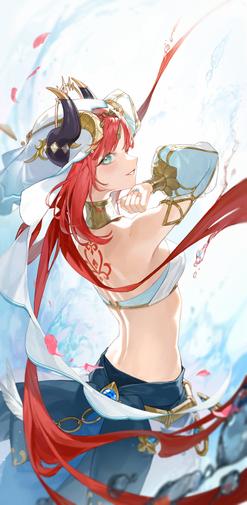 00suger001 1girl absurdres aqua_eyes back back_tattoo bare_shoulders blush dancer dancing forehead_jewel genshin_impact harem_outfit highres horns long_hair looking_at_viewer looking_back midriff nilou_(genshin_impact) o-ring o-ring_top red_eyes smile tattoo veil