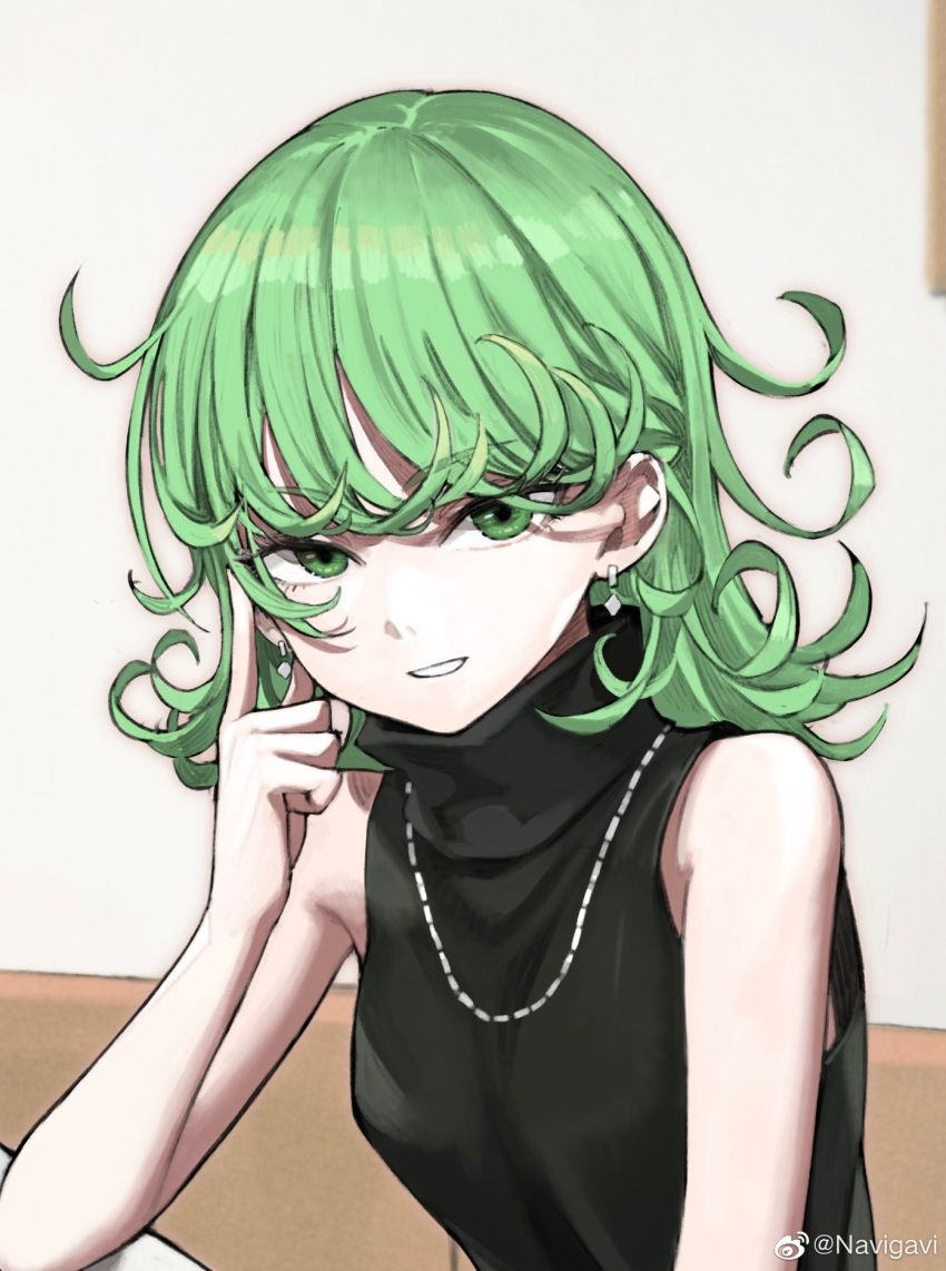1girl alternate_costume black_shirt breasts casual curly_hair earrings green_eyes green_hair grin hand_on_own_face highres indoors jewelry jun_(seojh1029) looking_at_viewer necklace one-punch_man shirt short_hair sleeveless sleeveless_shirt small_breasts smile solo tatsumaki teeth turtleneck upper_body weibo_logo weibo_username