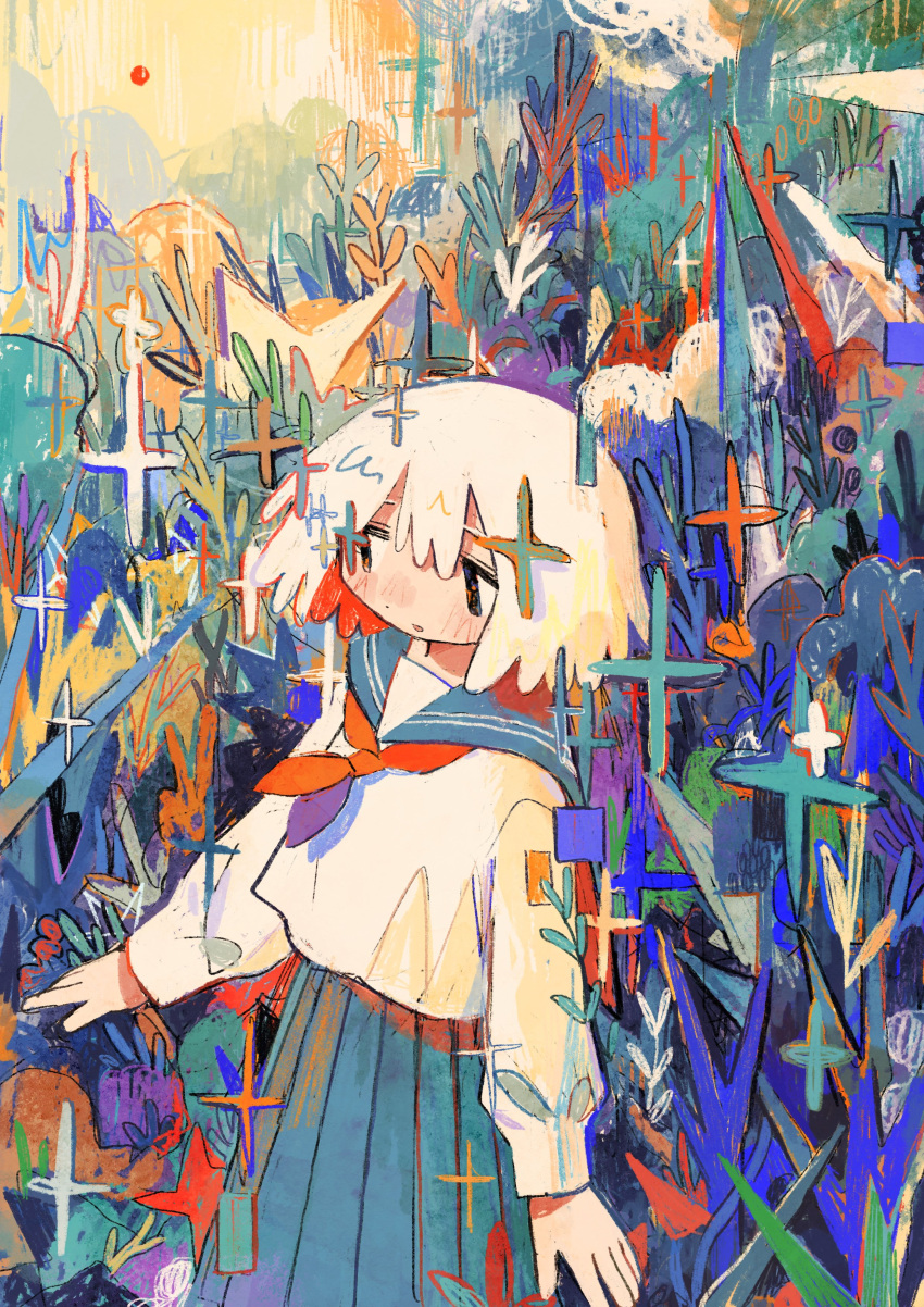 1girl abstract_background absurdres commentary_request coral cowboy_shot grey_sailor_collar grey_skirt highres long_sleeves looking_away mamei_mema neckerchief original pleated_skirt red_neckerchief sailor_collar sailor_shirt school_uniform serafuku shirt short_hair skirt solo sparkle standing tareme white_hair white_shirt