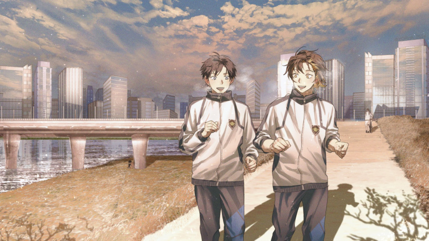 2boys bachira_meguru black_hair black_pants blue_lock bridge building cityscape clenched_hands clouds commentary feet_out_of_frame grey_eyes highres isagi_yoichi jacket jogging looking_at_another male_focus multiple_boys open_mouth outdoors pants river shadow short_hair sky smile standing symbol-only_commentary white_jacket yellow_eyes yorha_2b2e