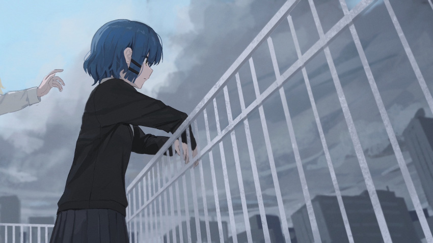 2girls against_railing arm_rest black_cardigan black_skirt blue_hair blue_sky blunt_ends blurry blurry_background bocchi_the_rock! cardigan city clouds cloudy_sky commentary day expressionless from_below from_side grey_sky hair_ornament hairclip highres ijichi_nijika long_sleeves looking_ahead multiple_girls nekoreito out_of_frame outdoors pleated_skirt profile railing reaching rooftop school_uniform shimokitazawa_high_school_uniform shirt short_hair sidelocks skirt sky white_shirt yamada_ryou yellow_eyes