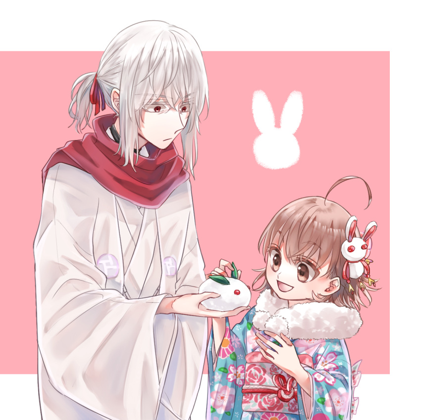 1boy 1girl accelerator_(toaru_majutsu_no_index) age_difference ahoge albino androgynous black_choker blue_kimono border choker closed_mouth colored_eyelashes female_child floral_print fur_scarf hair_ornament haori highres japanese_clothes kimono last_order_(toaru_majutsu_no_index) light_frown long_sleeves looking_at_object low_ponytail medium_hair official_alternate_costume open_mouth pale_skin print_kimono print_obi rabbit_hair_ornament red_background red_eyes red_scarf reimei_(1988) sanpaku scarf sidelocks smile snow_rabbit standing toaru_majutsu_no_index upper_body white_border white_hair white_kimono white_scarf wide_sleeves