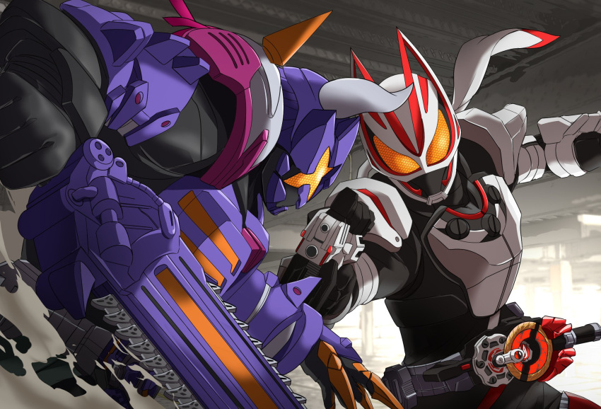 2boys battle black_bodysuit bodysuit buffalo chainsaw clash claw_(weapon) compound_eyes desire_driver driver_(kamen_rider) foreshortening fox from_side gun highres holding holding_gun holding_weapon horns id_core kamen_rider kamen_rider_buffa kamen_rider_geats kamen_rider_geats_(series) magnum_boost magnum_shooter_40x male_focus miyabi_(037) multiple_boys purple_armor raise_buckle rider_belt rivalry rivals scarf shoulder_spikes spikes tokusatsu weapon white_armor white_scarf zombie zombie_breaker