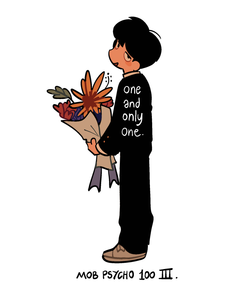 1boy black_eyes black_hair black_jacket black_pants bouquet copyright_name english_text esper-eclipse flower full_body gakuran grey_footwear highres holding holding_bouquet jacket kageyama_shigeo long_sleeves looking_at_viewer male_focus mob_psycho_100 pants school_uniform shoes short_hair simple_background smile solo standing white_background