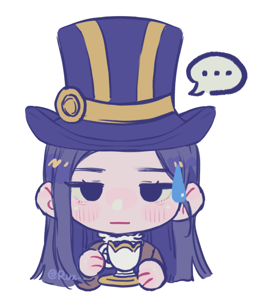 ... 1girl blush caitlyn_(league_of_legends) cropped_torso cup hat highres holding holding_cup league_of_legends long_hair multicolored_clothes multicolored_headwear purple_headwear ruan_chen_yue simple_background solo spoken_ellipsis sweatdrop teacup top_hat transparent_background