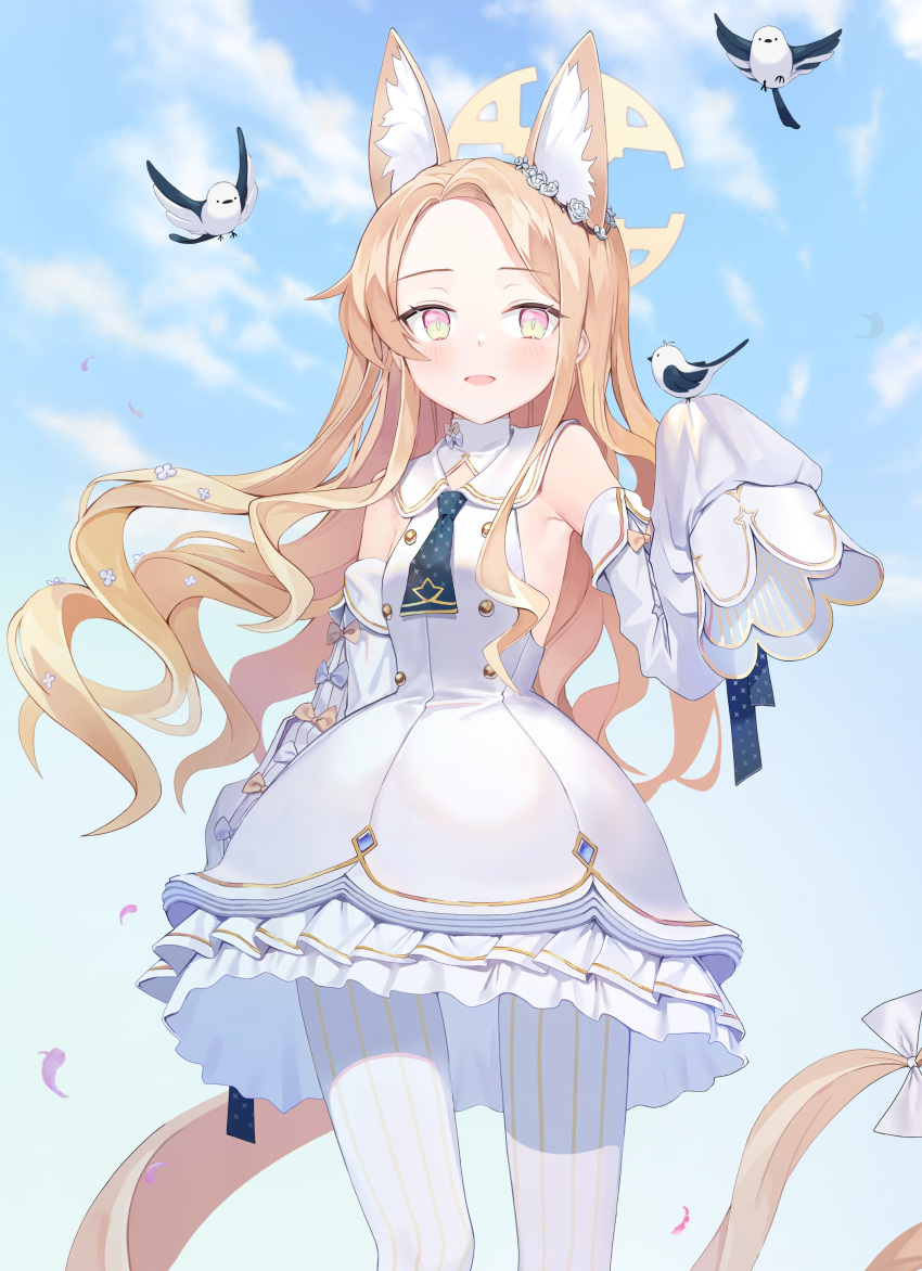 absurdly_long_hair absurdres animal_ear_fluff animal_ears bikini bird bird_on_hand blonde_hair blue_archive blue_necktie blush bow bright_pupils clouds cloudy_sky dress flower flying forehead fox_ears frilled_dress frills gradient_eyes hair_bow hair_flower hair_ornament halo highres leggings long-tailed_tit long_hair multicolored_eyes necktie parted_bangs parted_lips petals pink_eyes posom seia_(blue_archive) short_necktie sky sleeve_bow sleeveless sleeveless_dress sleeves_past_fingers sleeves_past_wrists swimsuit tit_(bird) vertical-striped_leggings very_long_hair white_bikini white_bird white_bow white_dress white_flower white_leggings white_pupils yellow_bow yellow_eyes