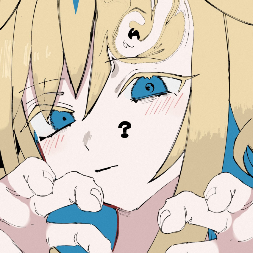 1girl ? blonde_hair blue_eyes blue_hair blush claw_pose close-up closed_mouth colored_eyelashes colored_inner_hair commentary distortion expressionless half-closed_eyes hands_up highres horse_girl long_hair looking_at_viewer mokkedon multicolored_hair neo_universe_(umamusume) portrait solo swirl umamusume