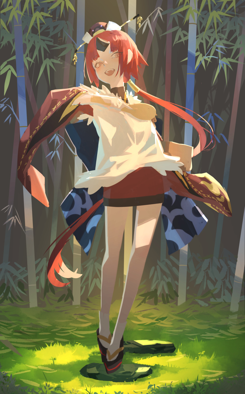 1girl absurdres apron bamboo bamboo_forest benienma_(fate) bird_hat blue_bow bow fate/grand_order fate_(series) floating_hair forest full_body grass hand_up head_tilt high_collar highres holding japanese_clothes kimono kuronoiparoma long_hair looking_at_viewer low_ponytail nature ohitsu okobo open_mouth outdoors parted_bangs red_kimono redhead shamoji short_kimono smile socks solo standing tabi very_long_hair waist_bow white_apron white_socks wide_sleeves yellow_eyes