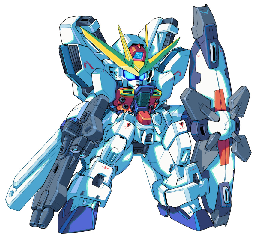 after_war_gundam_x beam_rifle blue_eyes chibi commentary_request energy_gun gun gundam gundam_x_divider haiteku_reibou holding holding_gun holding_shield holding_weapon looking_ahead mecha mobile_suit no_humans robot science_fiction shield simple_background solo standing v-fin weapon white_background