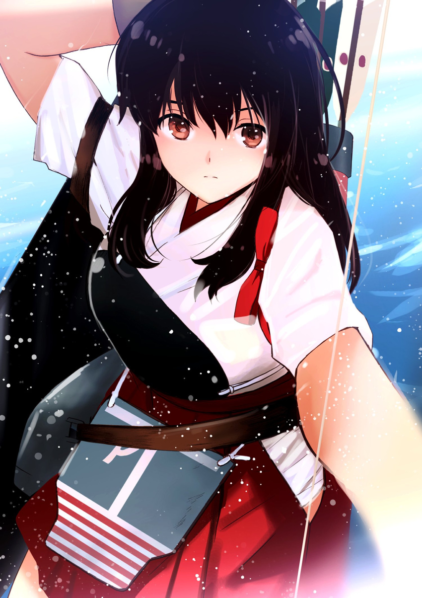 1girl akagi_(kancolle) apron arrow_(projectile) black_hair bow_(weapon) brown_eyes cowboy_shot flight_deck hakama hakama_short_skirt hakama_skirt highres japanese_clothes kantai_collection long_hair muneate quiver red_hakama red_skirt skirt solo straight_hair tanaka_yutaka tasuki weapon