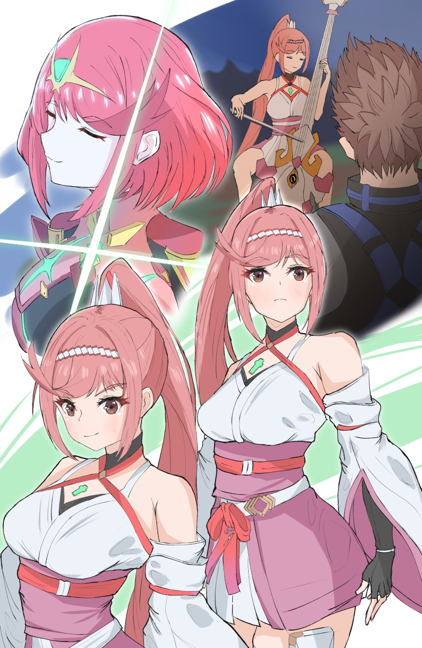 1boy 2girls absurdres bare_shoulders blunz bob_cut breasts brown_hair chest_jewel closed_eyes core_crystal_(xenoblade) glimmer_(xenoblade) high_ponytail highres holding holding_instrument instrument japanese_clothes kimono large_breasts long_hair multiple_girls off_shoulder pink_eyes pink_hair pyra_(xenoblade) redhead rex_(xenoblade) short_hair swept_bangs tiara very_short_hair violin white_kimono xenoblade_chronicles_(series) xenoblade_chronicles_3 xenoblade_chronicles_3:_future_redeemed