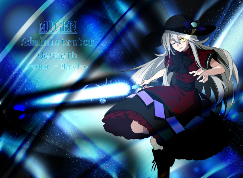 1girl alternate_color alternate_hair_color black_headwear black_skirt blue_background bow commentary_request energy_sword english_text hat hat_bow hinanawi_tenshi holding holding_sword holding_weapon looking_at_viewer m.u.g.e.n one_eye_closed qesheth red_shirt rion_(glayjirobass) shirt skirt solo sword touhou weapon yellow_eyes