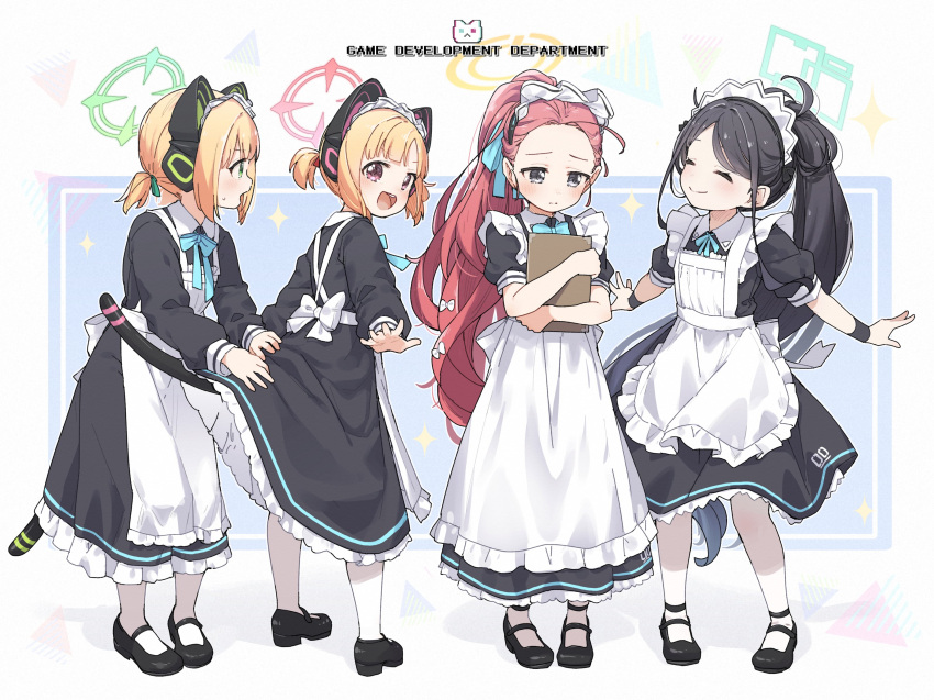 4girls ^_^ alternate_costume animal_ear_headphones animal_ears apron aris_(blue_archive) aris_(maid)_(blue_archive) black_dress black_footwear blue_archive blush borrowed_clothes bow cat_ears cat_tail closed_eyes dress enmaided fake_animal_ears forehead frilled_apron frills full_body hair_bow hair_ribbon halo headphones highres long_hair long_sleeves looking_at_another looking_down maid maid_headdress mary_janes midori_(blue_archive) momoi_(blue_archive) multiple_girls object_hug official_alternate_costume outstretched_arms pantyhose parted_bangs petticoat pinafore_dress ponytail puffy_long_sleeves puffy_short_sleeves puffy_sleeves ribbon shoes short_sleeves short_twintails sleeveless sleeveless_dress smile sparkle sweatdrop tail twintails very_long_hair white_apron white_pantyhose wristband yukie_(kusaka_shi) yuzu_(blue_archive) yuzu_(maid)_(blue_archive)