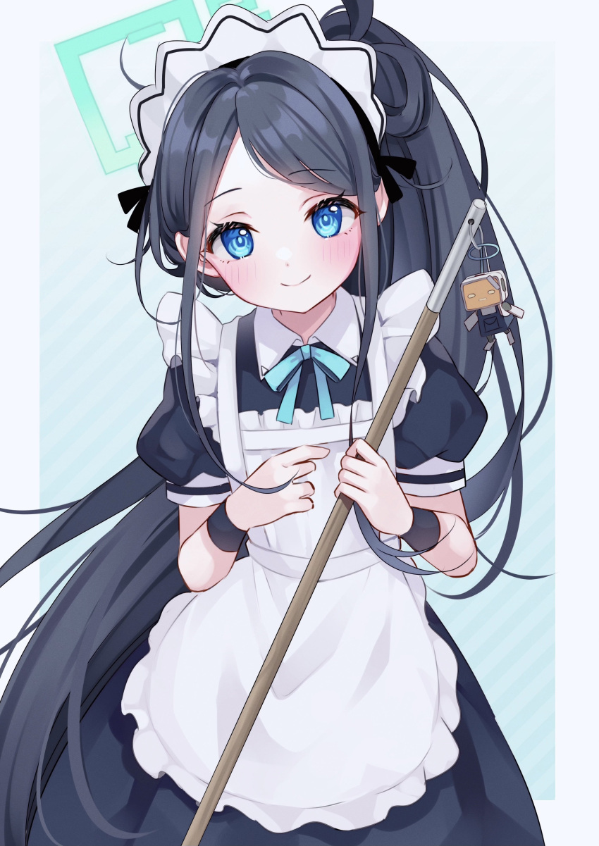1girl absurdres apron aris_(blue_archive) aris_(maid)_(blue_archive) black_dress black_hair blue_archive blue_eyes blue_necktie blush closed_mouth commentary_request dress frilled_apron frills green_halo halo hands_up highres long_hair looking_at_viewer maid maid_apron maid_headdress mop necktie puffy_short_sleeves puffy_sleeves short_sleeves side_ponytail sidelocks smile solo swept_bangs very_long_hair wakatsuki_you white_apron