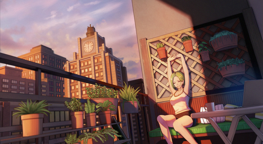1girl balcony blonde_hair building camisole closed_eyes computer green_hair highres hirokima laptop original plant potted_plant scenery short_shorts shorts sitting sky solo stretching table twilight