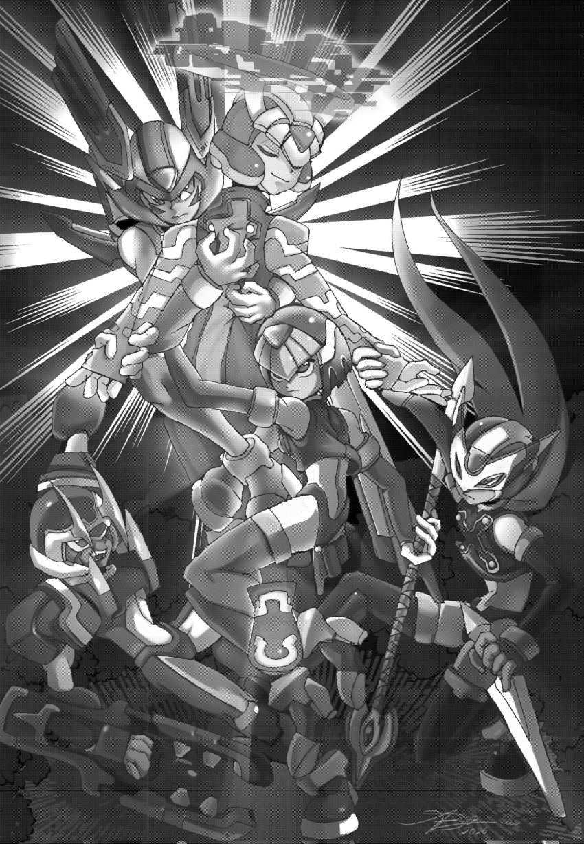 1girl 4boys armor commentary cyber_elf_x_(mega_man) english_commentary fairy_leviathan_(mega_man) fighting_fefnir_(mega_man) forehead_jewel greyscale group_picture halo helmet hidden_phantom_(mega_man) highres holding holding_kunai holding_polearm holding_weapon kunai mega_man_(series) mega_man_zero_(series) monochrome multiple_boys ninja polearm robe sage_harpuia_(mega_man) scarf spear srn001terra weapon x_(mega_man)