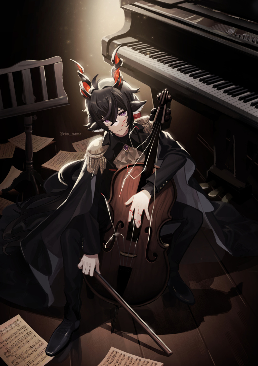 1boy animal_ears arknights ascot black_hair black_suit blood blood_on_face blood_on_hands bow_(music) broken_string brooch cello commentary crossed_bangs crossed_legs ebenholz_(arknights) edo-sama epaulettes formal frown full_body goat_boy goat_ears goat_horns highres holding holding_bow_(music) holding_instrument horns instrument jewelry male_focus music_stand piano sheet_music sidelocks sitting solo suit twitter_username violet_eyes white_ascot wooden_floor