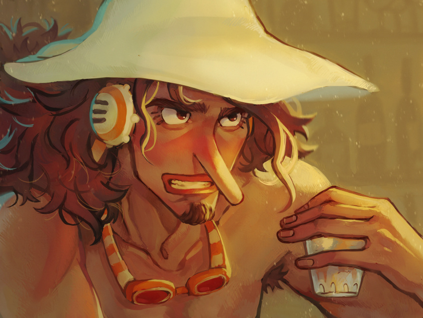 1boy absurdres black_hair blush dark_skin drunk earmuffs facial_hair glass goatee goggles goggles_around_neck hat highres just_noi long_nose medium_hair one_piece topless_male usopp