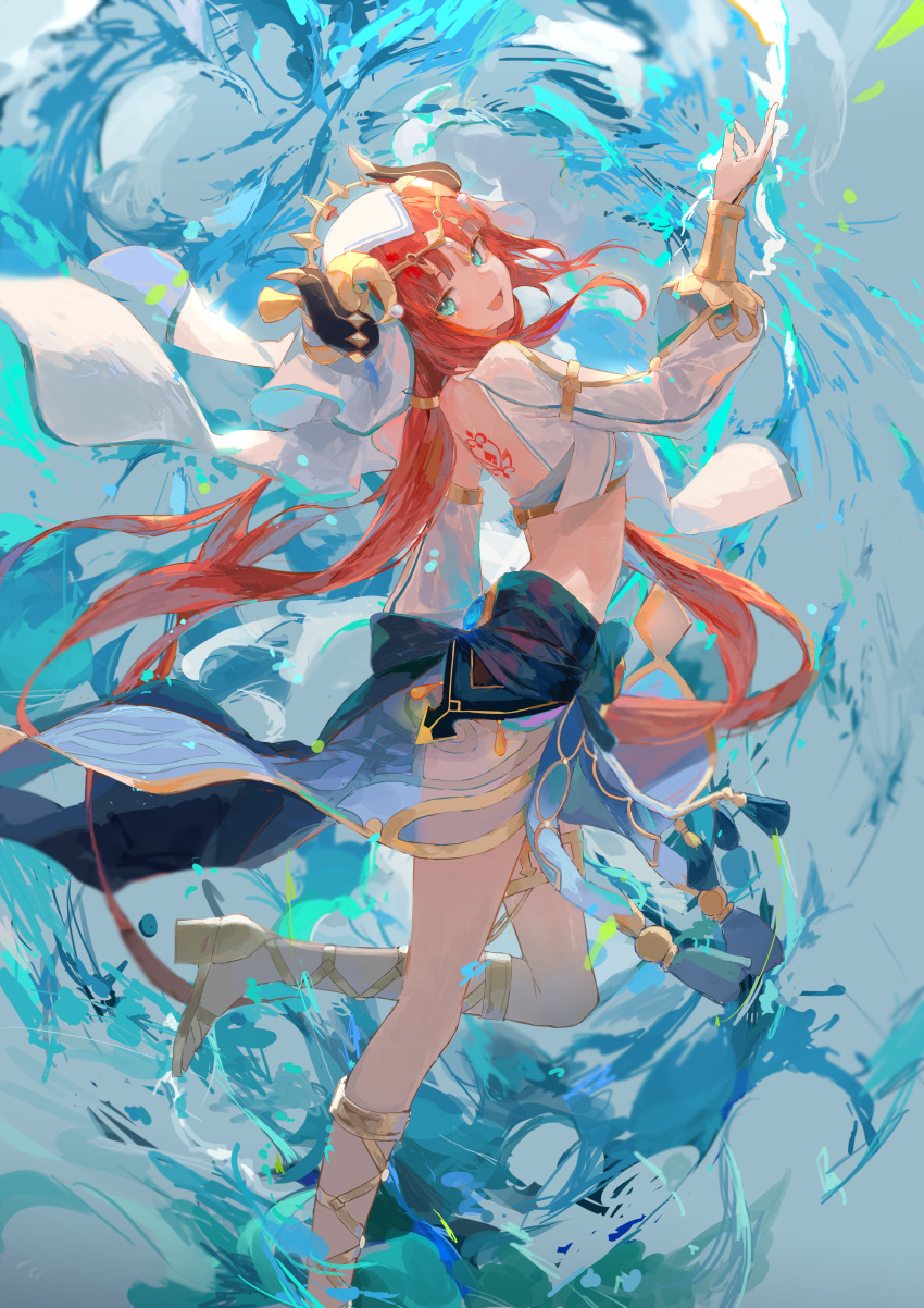 1girl absurdres aqua_eyes foot_out_of_frame full_body genshin_impact hand_up high_heels highres horns ichika_(ichika87) legs nilou_(genshin_impact) open_mouth redhead sandals skirt smile twintails vambraces veil water