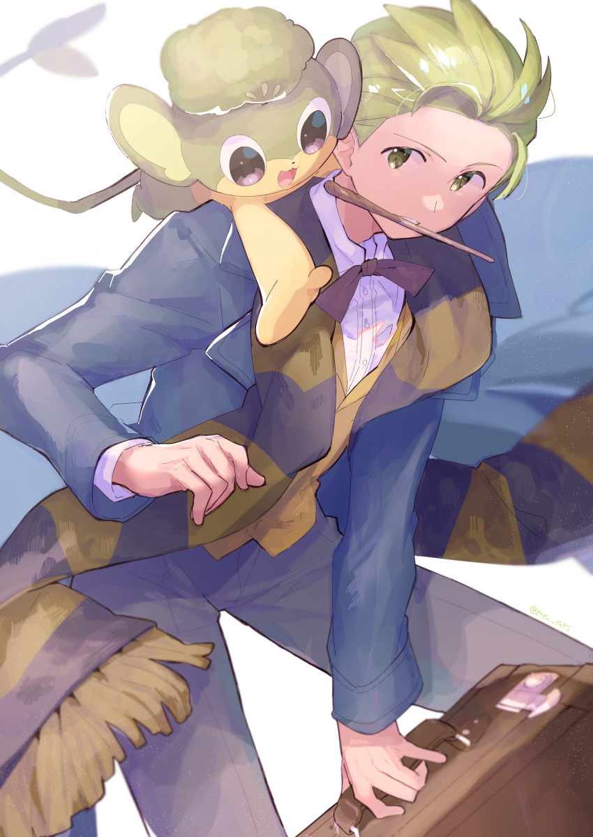 1boy absurdres alternate_costume briefcase brown_ribbon buttons cilan_(pokemon) green_eyes green_hair grey_pants highres holding jacket leaning long_sleeves male_focus mouth_hold neck_ribbon on_shoulder open_clothes open_jacket pansage pants paru_rari pokemon pokemon_(anime) pokemon_(creature) pokemon_bw_(anime) pokemon_on_shoulder ribbon scarf shirt short_hair striped striped_scarf teeth vest white_background white_shirt yellow_vest