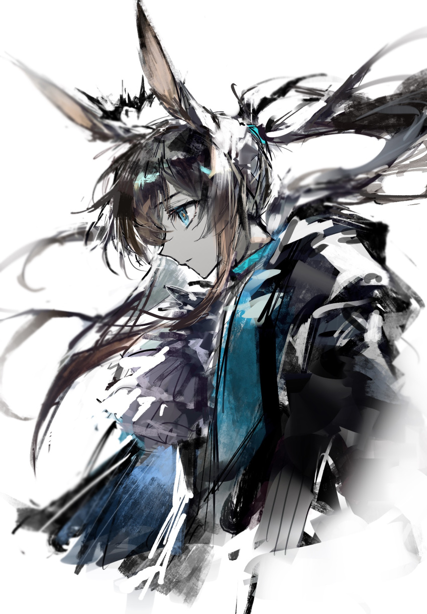 1girl amiya_(arknights) animal_ears arknights ascot black_jacket blue_choker blue_eyes brown_hair choker crown dark_halo facing_to_the_side from_side grey_ascot halo highres infection_monitor_(arknights) jacket long_hair looking_ahead ponytail rabbit_ears remsrar sidelocks simple_background solo upper_body very_long_hair white_background