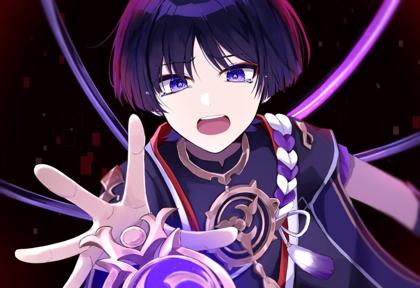 1boy anemo armor black_background black_shirt blunt_ends eyeshadow genshin_impact gnosis_(genshin_impact) gold_trim hand_up japanese_armor jewelry kote kurokote looking_down makeup male_focus mandarin_collar mitsudomoe_(shape) necklace no_headwear open_mouth parted_bangs purple_hair red_eyeshadow scaramouche_(genshin_impact) scaramouche_(shouki_no_kami)_(genshin_impact) shirt short_hair short_sleeves simple_background solo tassel tears teeth tomoe_(symbol) tongue upper_body violet_eyes