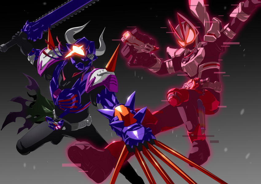 2boys battle black_bodysuit bodysuit buffalo chainsaw clash claw_(weapon) compound_eyes desire_driver driver_(kamen_rider) fingernails foreshortening fox from_side glowing glowing_eye glowing_eyes gun highres holding holding_gun holding_weapon horns id_core kamen_rider kamen_rider_buffa kamen_rider_geats kamen_rider_geats_(series) long_fingernails magnum_boost magnum_shooter_40x male_focus multiple_boys otokamu purple_armor raise_buckle rider_belt rivalry rivals scarf shoulder_spikes spikes tokusatsu very_long_fingernails weapon white_armor white_scarf zombie zombie_breaker zombie_buckle