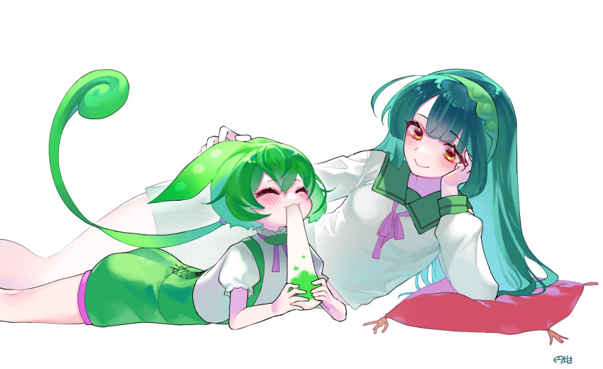 2girls :3 blush closed_eyes commentary_request eating food green_hair green_shorts green_suspenders hairband hand_on_another's_head hand_on_own_face highres holding holding_food long_hair long_sleeves looking_at_another lying marutsubo multiple_girls on_side on_stomach orange_eyes pillow puffy_short_sleeves puffy_sleeves ribbon school_uniform serafuku shirt short_sleeves shorts skirt touhoku_zunko voiceroid voicevox white_shirt zunda_mochi zundamon