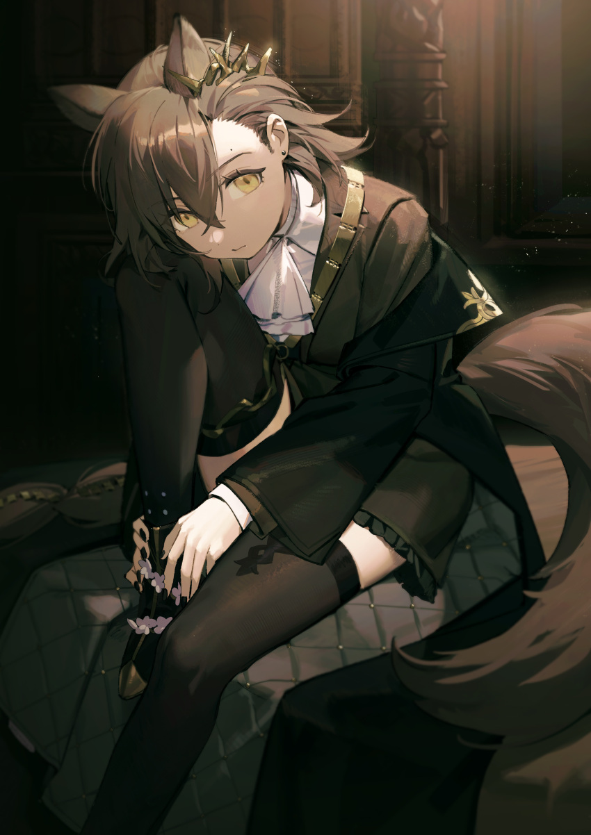 1girl absurdres animal_ears arknights ascot asymmetrical_bangs black_nails black_thighhighs brown_hair coat expressionless extra_ears hair_between_eyes highres looking_at_viewer mole_on_forehead off_shoulder penance_(arknights) pg_(pgouwoderen) sitting solo tail thigh-highs white_ascot wolf_ears wolf_girl wolf_tail yellow_eyes