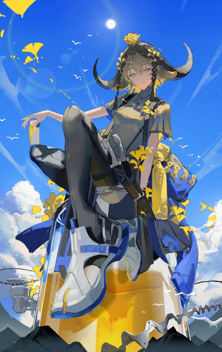 1girl animal_ears arknights beer_can blue_jacket blue_sky brown_shirt can chinese_commentary clothes_around_waist commentary_request cow_ears cow_girl cow_horns flower flower_on_head foreshortening heqing highres holding holding_can horns jacket jacket_around_waist knee_up knife_holster layered_shirt lens_flare mountain mountainous_horizon official_alternate_costume outdoors pallas_(a_drip_of_orea_and_potamous)_(arknights) pallas_(arknights) rose shirt shoes sitting sky sneakers solo sun white_footwear yellow_flower yellow_rose