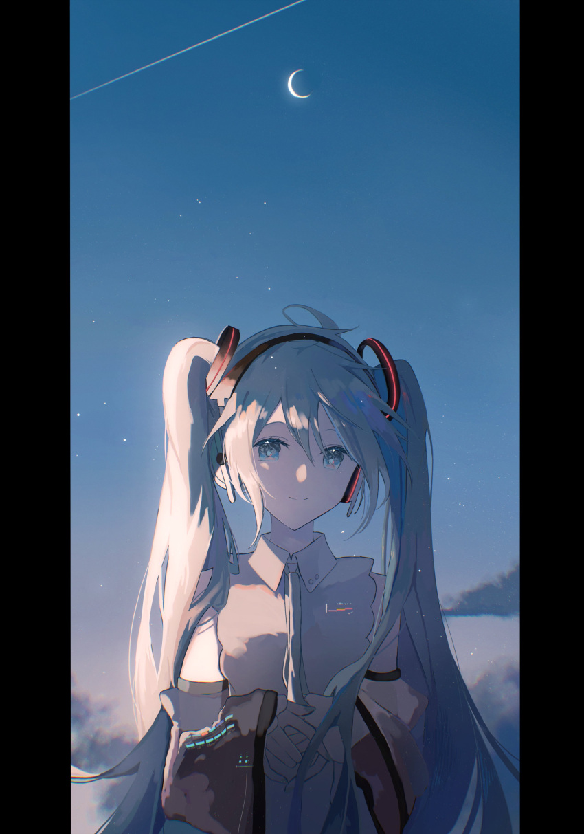 1girl absurdres aqua_eyes aqua_hair aqua_necktie bare_shoulders black_sleeves blue_sky closed_mouth clouds cloudy_sky collared_shirt commentary crescent_moon detached_sleeves grey_shirt hatsune_miku hatsune_miku_(nt) headphones highres long_hair looking_at_viewer moon necktie outdoors own_hands_together piapro shirt sky sleeveless sleeveless_shirt smile solo twintails upper_body vocaloid wide_sleeves yurun_(yurun_ume)