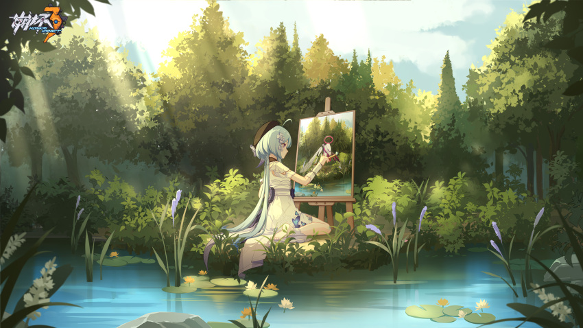 1girl ahoge beret black_headwear blue_hair dress grass griseo hat highres holding holding_pencil honkai_(series) honkai_impact_3rd kneeling lake logo long_hair monster official_art official_wallpaper on_grass outdoors painting_(action) painting_(medium) painting_(object) pencil solo traditional_media tree violet_eyes white_dress white_sleeves