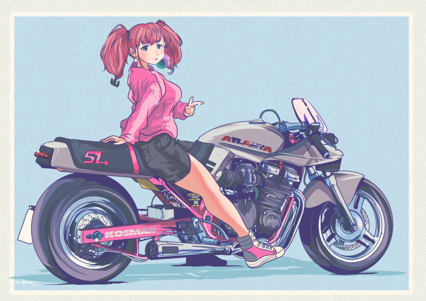 1girl alternate_costume anchor_hair_ornament atlanta_(kancolle) black_shorts blue_background brown_hair character_name commentary_request finger_gun full_body grey_eyes hair_ornament highres jacket kantai_collection long_hair motor_vehicle motorcycle on_motorcycle pink_footwear pink_jacket riding shoes shorts sneakers solo suzuki_(company) suzuki_katana thrux twintails