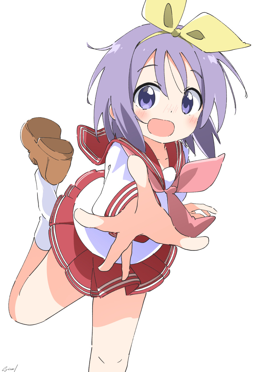 1girl absurdres bow brown_footwear cynical_(llcbluckg_c004) hair_bow highres hiiragi_tsukasa leg_up loafers lucky_star open_mouth outstretched_arm pleated_skirt purple_hair red_skirt ribbon school_uniform serafuku shirt shoes shoes_removed short_hair skirt socks solo standing standing_on_one_leg thighs tripping violet_eyes white_shirt white_socks
