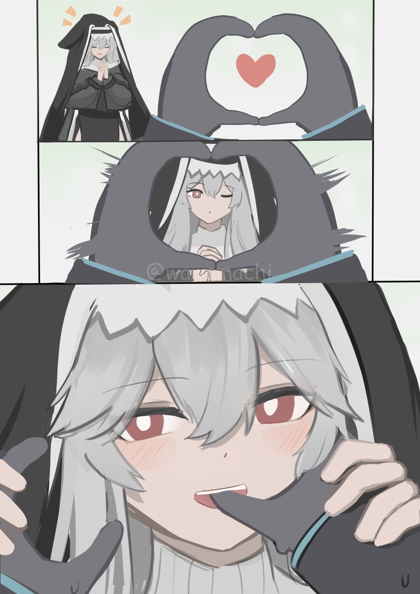 1girl absurdres arknights black_headwear blush doctor_(arknights) finger_in_another's_mouth gloves grey_hair habit hair_between_eyes hands_on_another's_face heart heart_hands highres looking_at_viewer nun open_mouth pov pov_hands red_eyes snoot_challenge solo specter_(arknights) teeth upper_teeth_only wawamachi_(wawamachis)