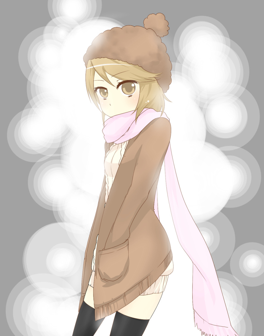 1girl aran_sweater black_thighhighs breasts brown_coat brown_eyes brown_hair brown_headwear cable_knit child coat commentary_request dress feet_out_of_frame female_child from_side grey_background hand_in_pocket hat highres i.u.y kinuhata_saiai light_blush long_sleeves looking_at_viewer medium_hair pink_scarf scarf small_breasts solo sweater sweater_dress thigh-highs toaru_majutsu_no_index white_sweater winter_clothes zettai_ryouiki
