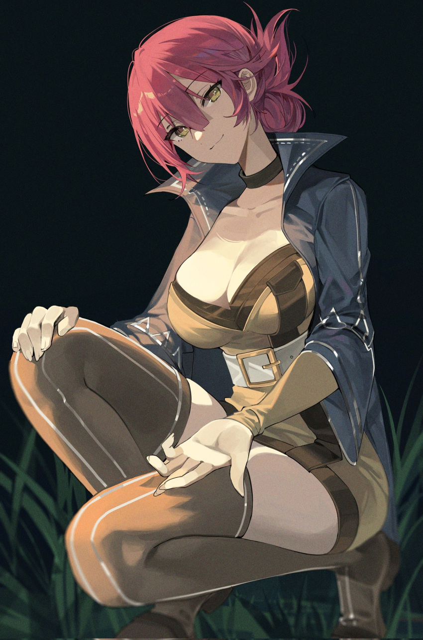 1girl black_background boots breasts buri_(retty9349) cleavage_cutout clothing_cutout commission eiyuu_densetsu english_commentary grass hair_between_eyes hair_bun highres jacket large_breasts redhead sara_valestein sen_no_kiseki simple_background solo squatting thigh-highs yellow_eyes