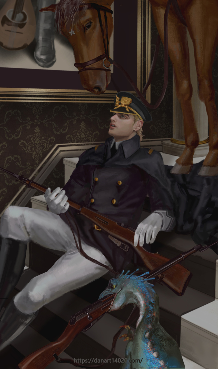 1boy bayonet blonde_hair boots cape danart14020 diego_brando dinosaur gloves gun hat highres horse indoors jojo_no_kimyou_na_bouken long_hair long_sleeves male_focus military military_hat military_uniform official_alternate_costume parted_lips realistic scary_monsters_(stand) silver_bullet_(jojo) stairs stand_(jojo) steel_ball_run uniform weapon