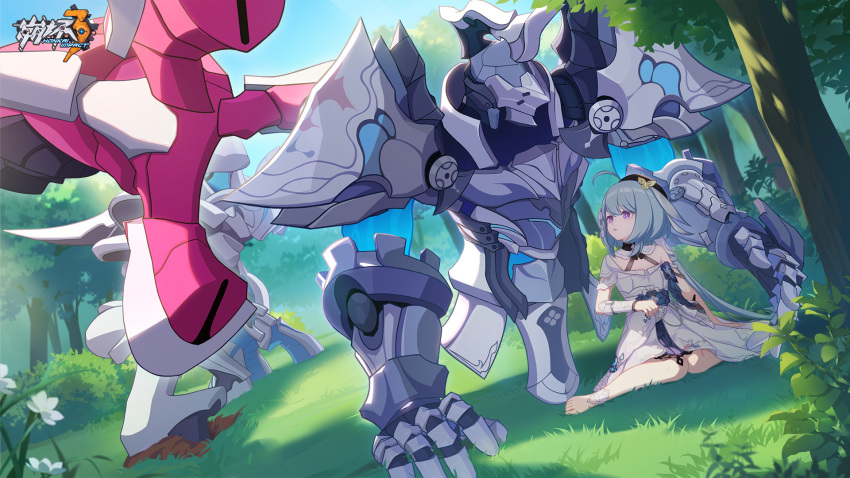 1boy 1girl ahoge armor attack bare_legs beret black_headwear blue_hair day dress floating flower grass griseo hand_on_floor hat helmet highres honkai_(series) honkai_impact_3rd logo long_hair looking_at_another monster mr.knight_(honkai_impact) official_art official_wallpaper on_grass open_hand parted_lips protecting sky tree violet_eyes white_armor white_dress white_flower white_sleeves