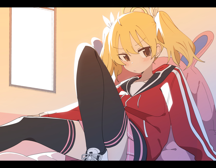1girl absurdres ahoge animal_pillow black_thighhighs blonde_hair blue_archive blush brown_eyes hair_ribbon halo highres hood hood_down hooded_jacket indoors jacket knee_up letterboxed long_hair luke_(dydansgur) miniskirt pink_skirt red_jacket ribbon shoes sitting skirt sneakers solo thigh-highs track_jacket twintails window yoshimi_(blue_archive)