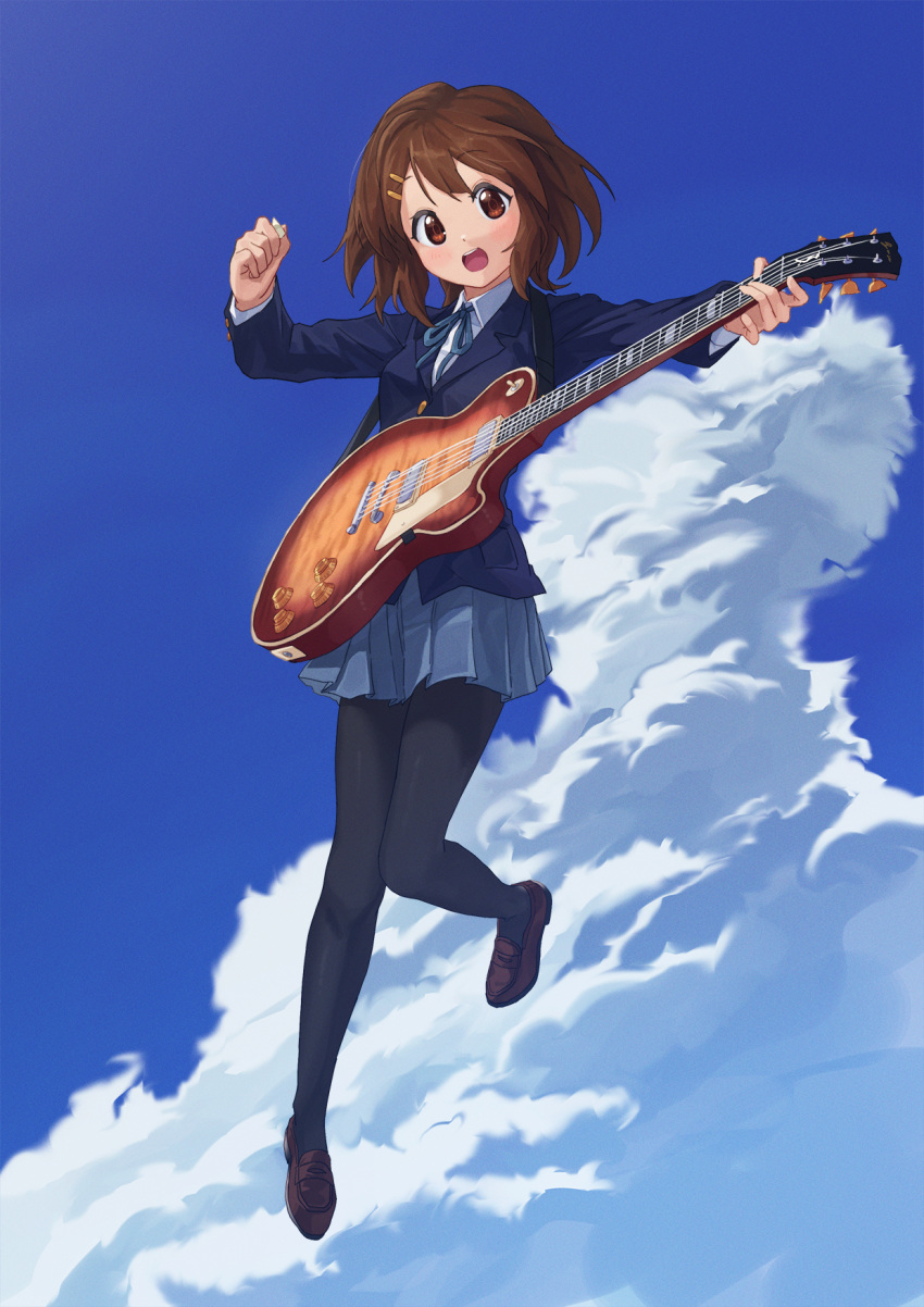 1girl :d black_pantyhose blazer blue_jacket blue_ribbon blue_sky blush brown_eyes brown_footwear brown_hair clouds collared_shirt commentary_request electric_guitar full_body grey_skirt guitar hair_between_eyes hair_ornament hairclip highres hirasawa_yui holding holding_instrument instrument jacket k-on! loafers long_sleeves looking_at_viewer mandei_(nao_1234567) neck_ribbon open_mouth outdoors pantyhose pleated_skirt ribbon sakuragaoka_high_school_uniform school_uniform shirt shoes short_hair skirt sky smile solo teeth upper_teeth_only white_shirt winter_uniform