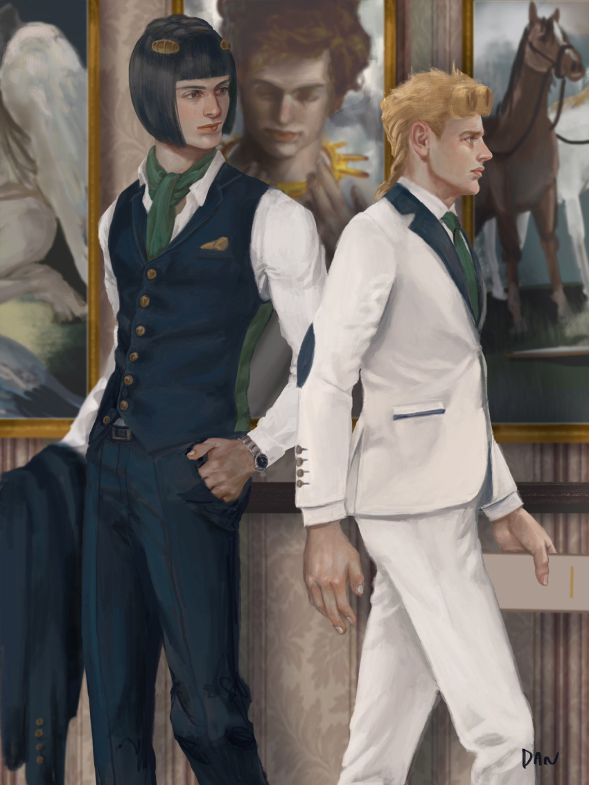 2boys artist_name belt black_hair blonde_hair blue_pants bob_cut braid bruno_bucciarati buttons commentary_request danart14020 formal giorno_giovanna green_eyes green_necktie hair_ornament hairclip hand_in_pocket highres holding holding_clothes holding_jacket indoors jacket jojo_no_kimyou_na_bouken long_hair long_sleeves looking_to_the_side male_focus multiple_boys necktie pants picture_(object) realistic shirt suit vento_aureo vest watch watch white_jacket white_pants white_shirt white_suit