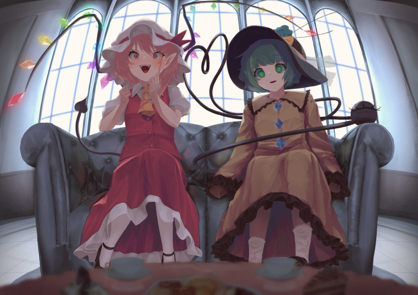 2girls :d adapted_costume ascot backlighting blonde_hair blue_flower blue_rose blurry blurry_foreground blush breasts cake cake_slice constricted_pupils couch crystal cup depth_of_field dress excited fingernails fisheye flandre_scarlet flower food frilled_shirt_collar frills green_eyes green_hair hair_behind_ear hands_up happy hat hat_flower heart heart_of_string highres indoors kiyonetto komeiji_koishi mob_cap multiple_girls nail_polish open_mouth pantyhose petite pointy_ears red_eyes red_nails red_skirt red_vest rose sharp_fingernails short_hair sitting skirt sleeves_past_wrists small_breasts smile table teacup third_eye touhou vest white_pantyhose wide-eyed window wing_collar wings yellow_ascot yellow_dress